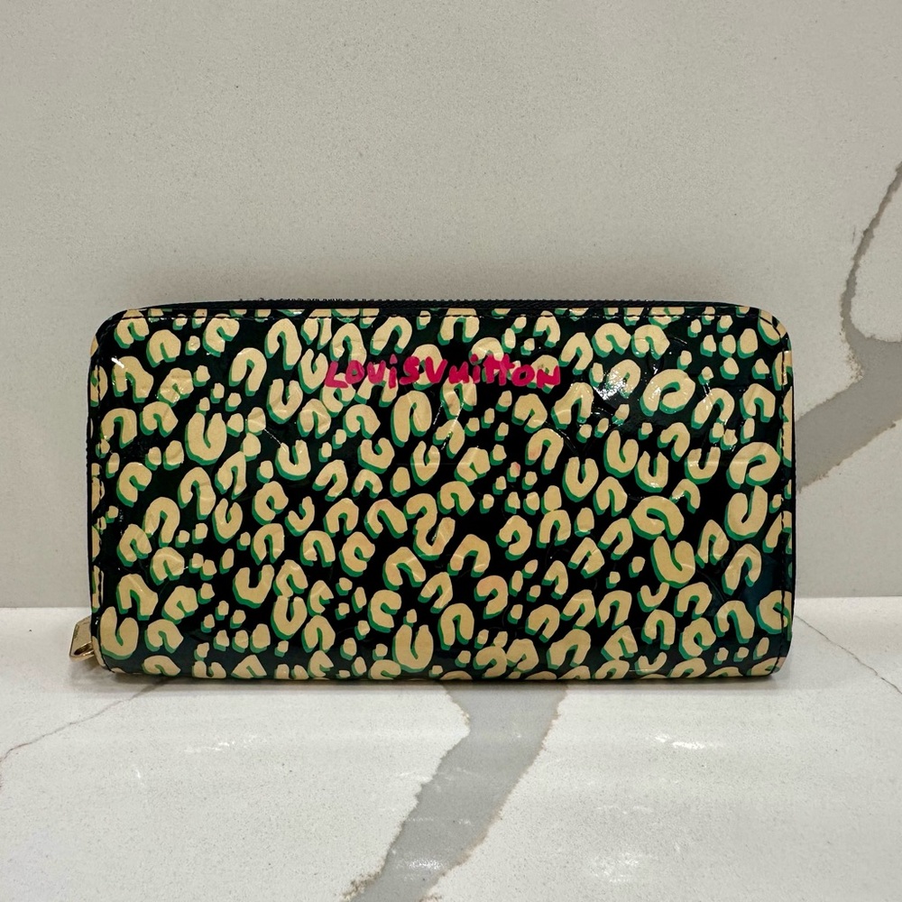 Louis Vuitton Black Leopard Print Zip Wallet with Pink Logo